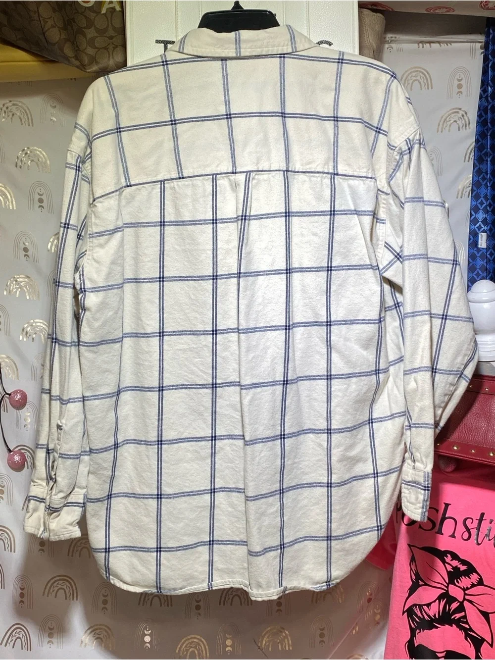 Universal Thread Cream Button-Down Shirt with Blue Windowpane